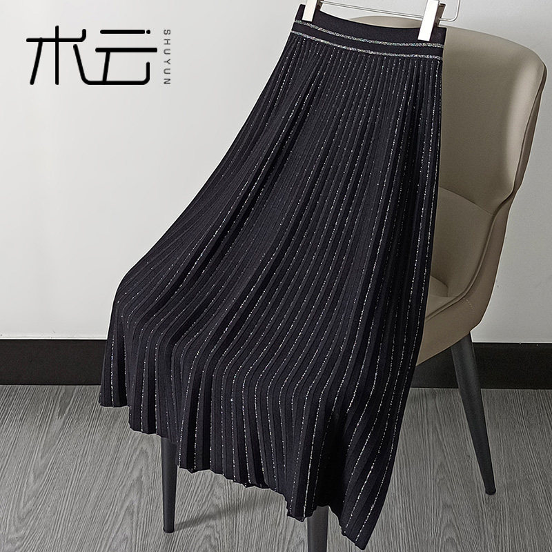 F2162-软糯亮丝针织半身裙中长款