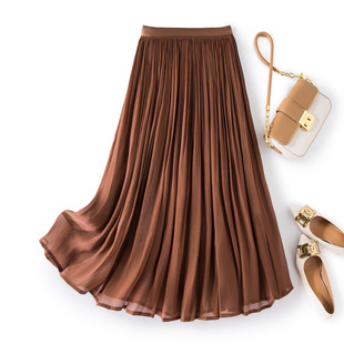 2288 高腰百褶裙垂感丝滑气质半裙 缎面珠光春夏A字半身裙女中长款