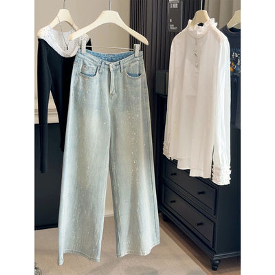 韩系闪钻水洗牛仔裤女高腰直筒裤