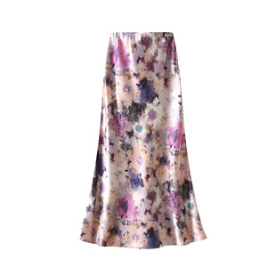 包臀裙 高腰水墨印花鱼尾裙长裙女显瘦醋酸缎面半身裙修身 9861