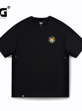 JG男装大码品牌圆圈英文橙色狗头胸花短袖t恤男女无性别青年重磅