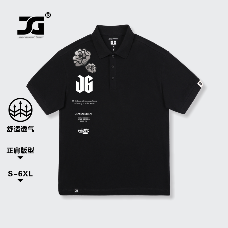 JG男装大码品牌美式哥特字母玫瑰花短袖翻领polo衫男女街头潮牌