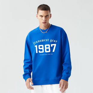 JG男装大码品牌哥特字母1987印花落肩卫衣男女中性风克莱因蓝纯棉