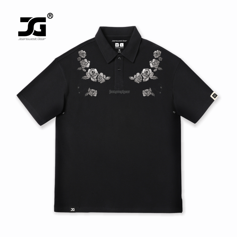JG男装大码品牌复古风玫瑰花字母落肩短袖翻领polo衫男女休闲黑色