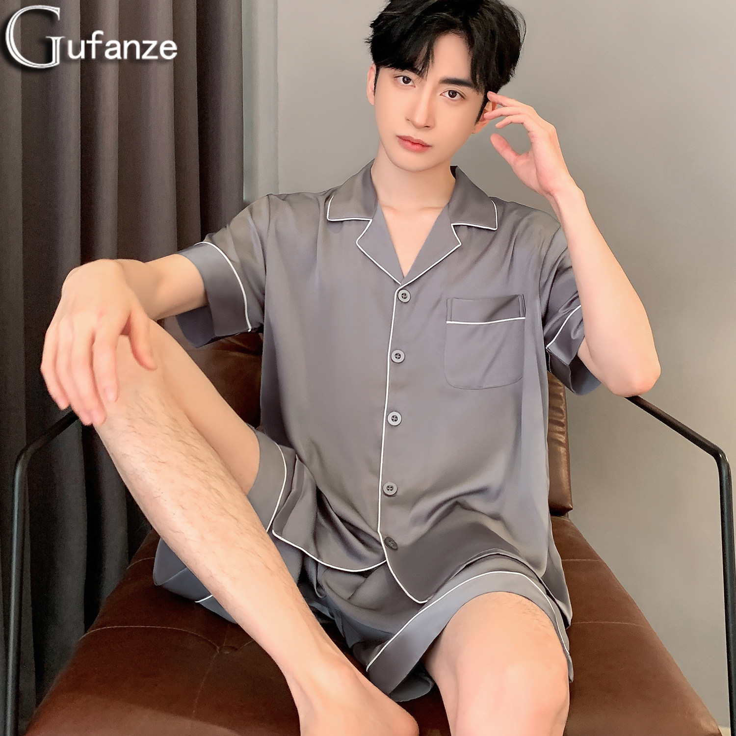 男士睡衣夏款男款冰丝夏季丝绸缎薄款短袖短裤男生纯色家居服夏天