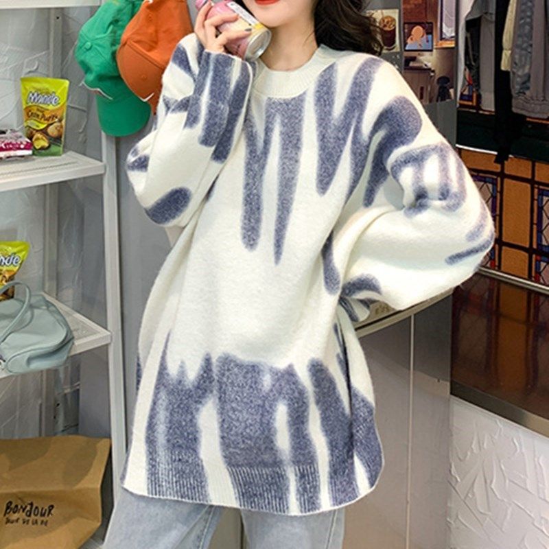 Print Knitted Sweater Women Elegant Green Striped Oversized