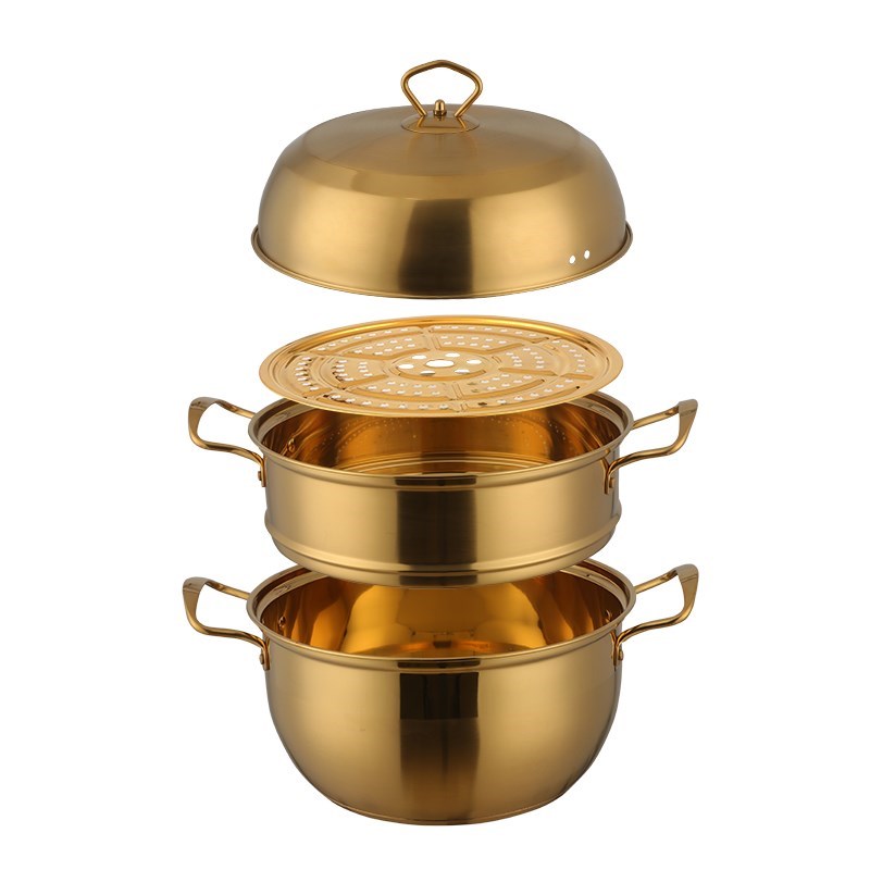 1 Pcs Steamer Pot Stainless Steel Three layer Thick Gold Ste