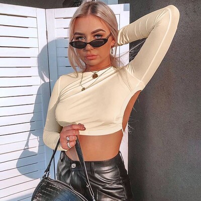 Women Sexy Harajuku Open Back T-shirt Long Sleeve Top Croppe