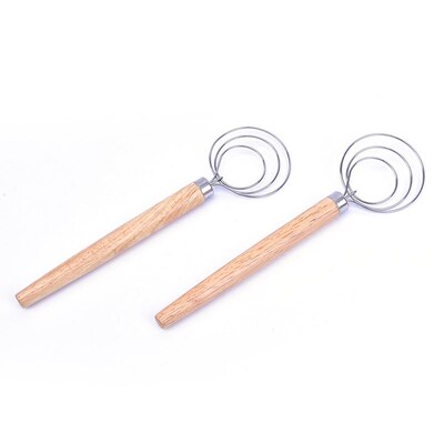 1PCS Stainless Steel Coil Egg Beater Wooden Handle Agitator