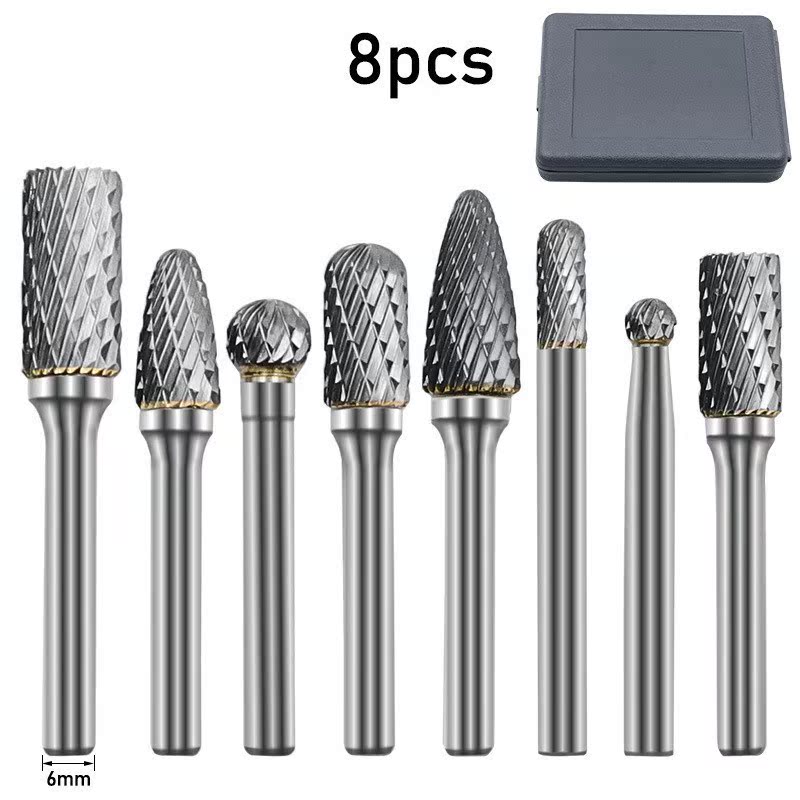 8Pcs/set 6mm Shank Double Groove Rotary File Tungsten Carbid