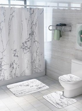 WUJIE 4Pcs 71x71'' Marble Pattern Shower Curtain Set with Ba