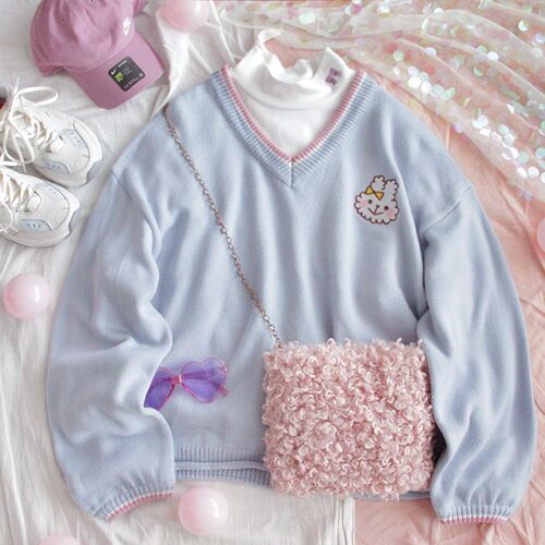 Retro V-neck Women Cute Blue Sweater Kawaii Rabbit Embroider