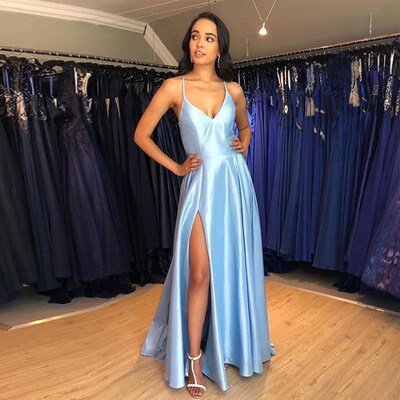 AE811 Simple Long Evening Dress Light Sky Blue Satin Vestido