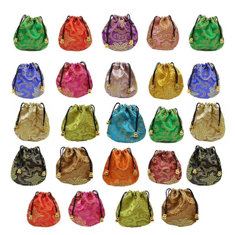 24 PCS Chinese Silk Brocade Drawstring Jewelry Pouch Bag Val