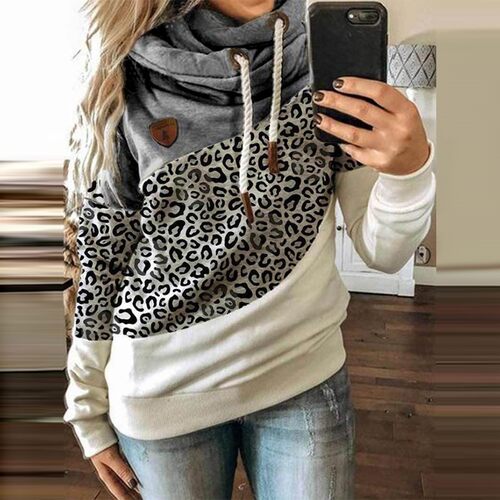Women Patchwork Hooded Sweatshirt Autumn Winter Leopard Prin