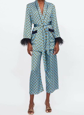 Women's Suits 2021 Autumn LOOSE Blue Printed Kimono Jacket w