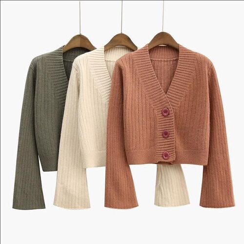 2021 Cardigan Autumn Long Flare Sleeve Short  Sweater Women