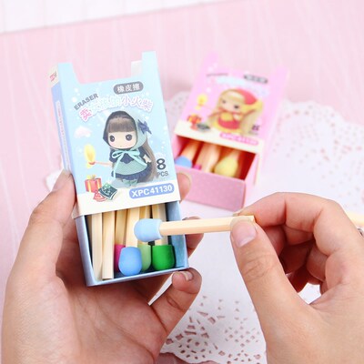 8 PCS/pack Cute Kawaii Matches Eraser Lovely Colored Eraser