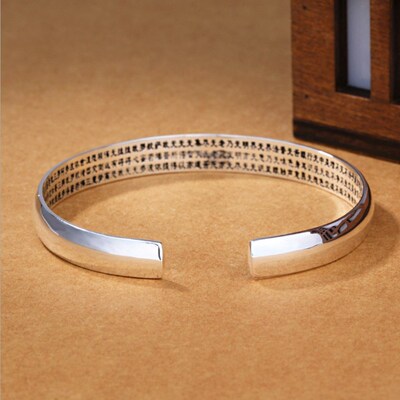Real Pure 999 Silver Buddhist Heart Sutra Bangle Glossy Cuf