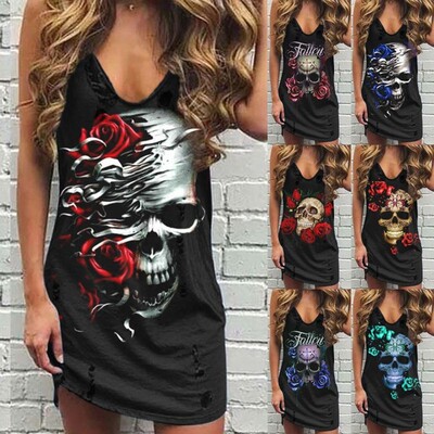Skull Print Women Sleeveless Shirt Dress Summer Gothic Style