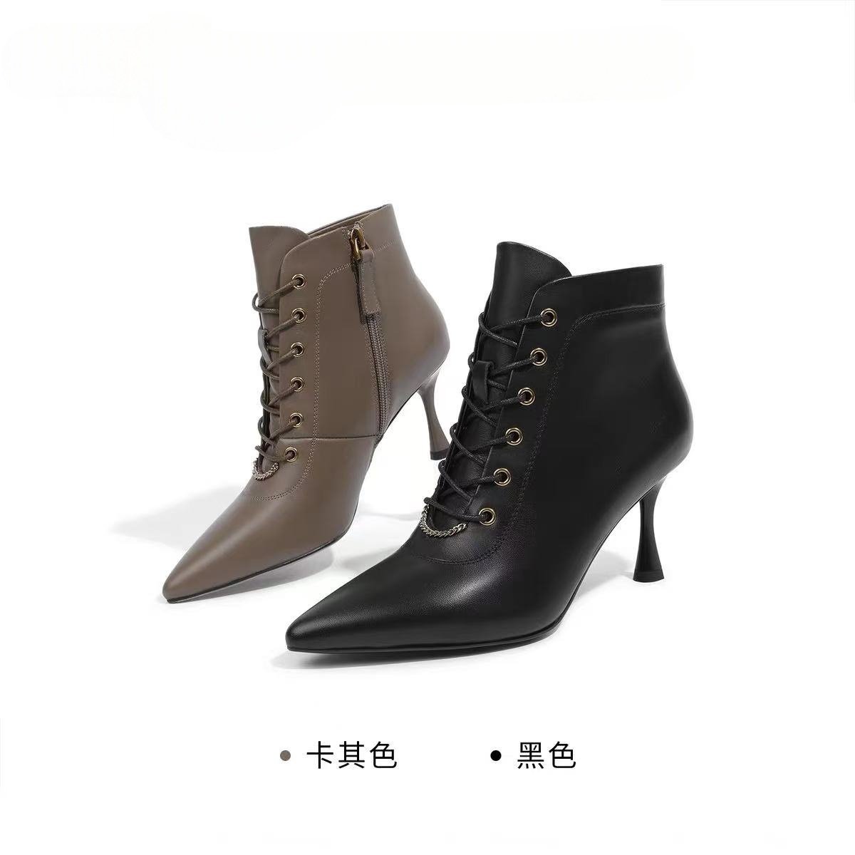 女鞋商场同款2025春夏新款胎牛皮瘦瘦靴尖头细跟短靴高跟时装靴女