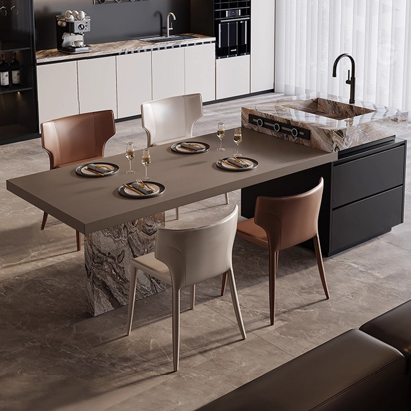 意式威尼斯棕岛台餐桌一体家用可伸缩带水槽高档加厚防爆岩板岛台