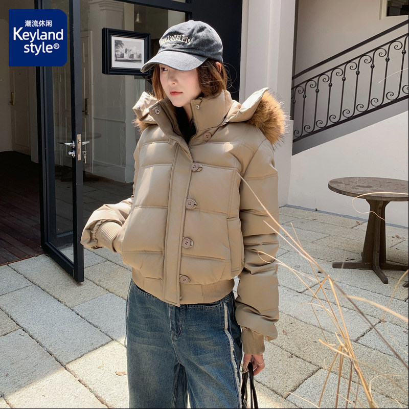 大毛领短款连帽棉服女款2025年秋冬新款韩系设计感保暖百搭外套女