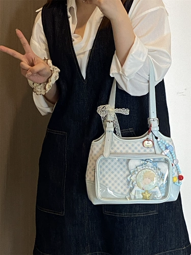 Qianyi волны боли ｜ Оригинальная голубая клетчатая мешка для боли на плече двойной закус