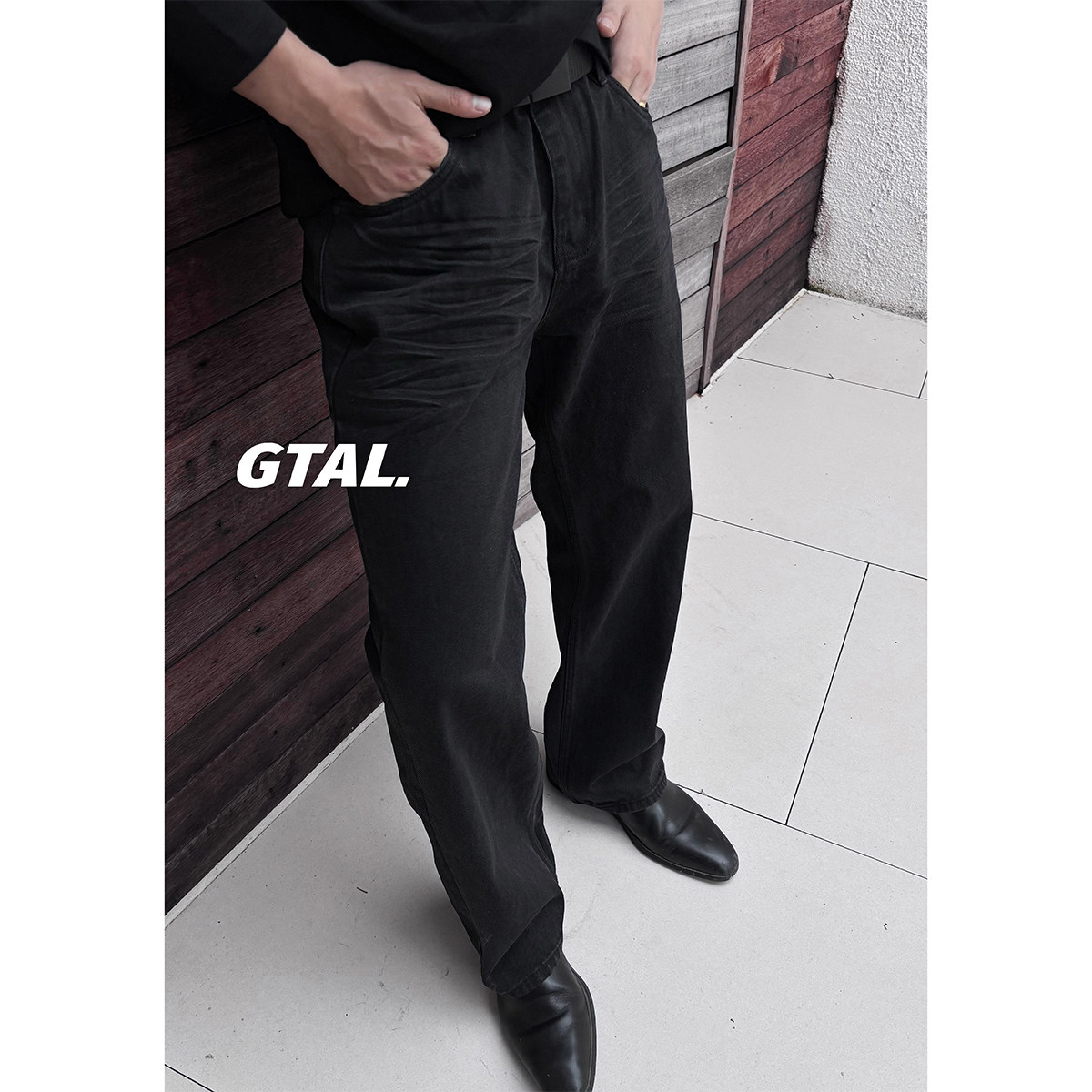 GTAL26FW美式休闲15盎司复古水洗压褶黑牛直筒百搭牛仔长裤