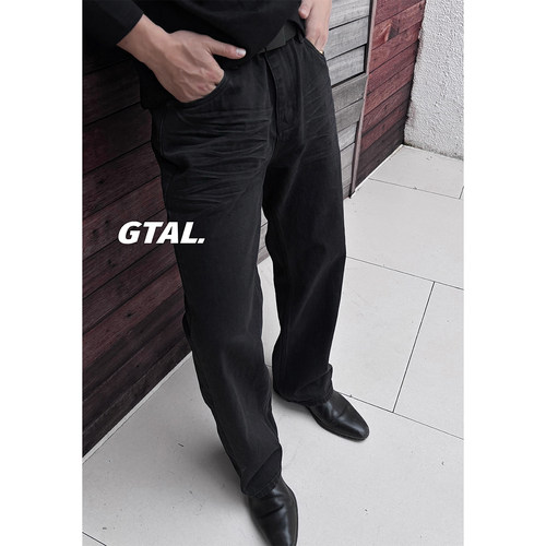 GTAL26FW美式休闲15盎司复古水洗压褶黑牛直筒百搭牛仔长裤