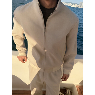 仿羊绒立领夹克户外针织纯色上衣休闲裤 GTAL美式 老钱感懒人套装