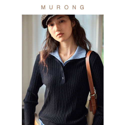 绞花可机洗羊毛撞色假两件毛衣女