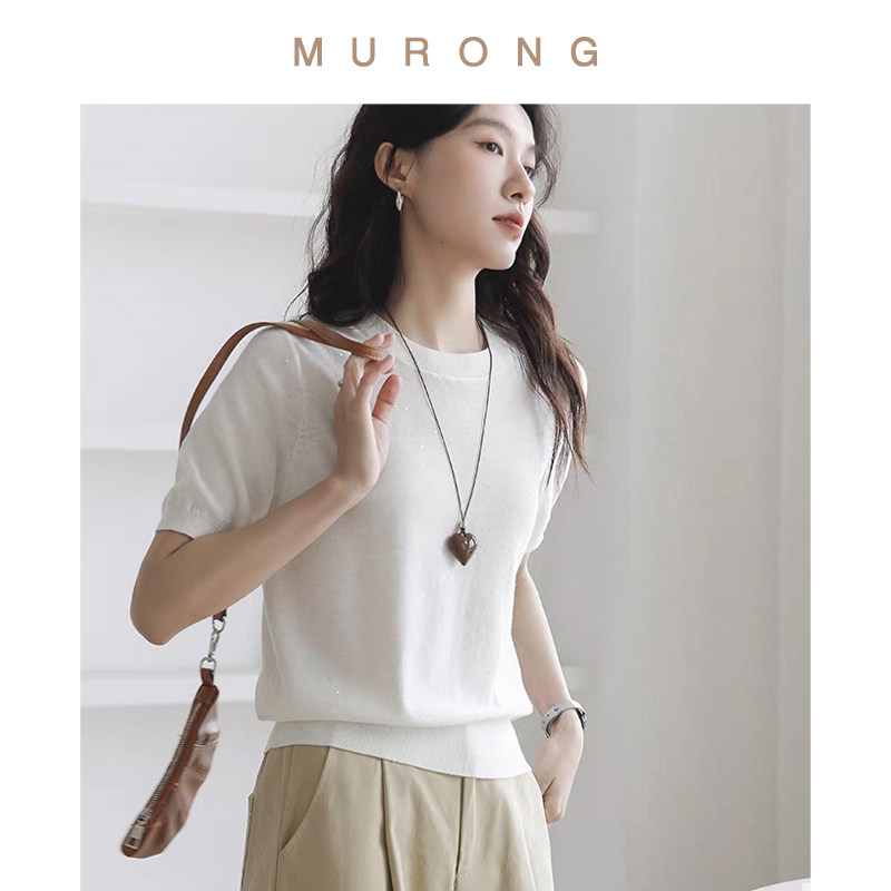 羊毛亮片圆领短袖上衣气质百搭可机洗针织弹力T恤通勤纯色25新款,女装/女士精品,T恤,淘宝优惠券,粉丝福利购,淘宝优惠卷