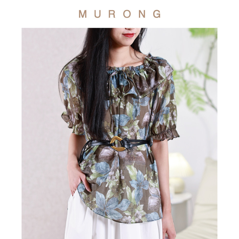 两穿荷叶领一字花边短袖上衣高支长绒蚕丝棉印花套头衬衫气质甜美,女装/女士精品,T恤,淘宝优惠券,粉丝福利购,淘宝优惠卷