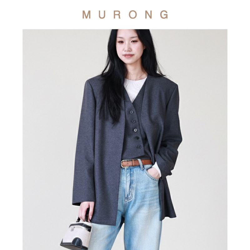 英伦轻奢高支精纺羊绒假两件西装简约廓形呢子无领外套新款通勤女