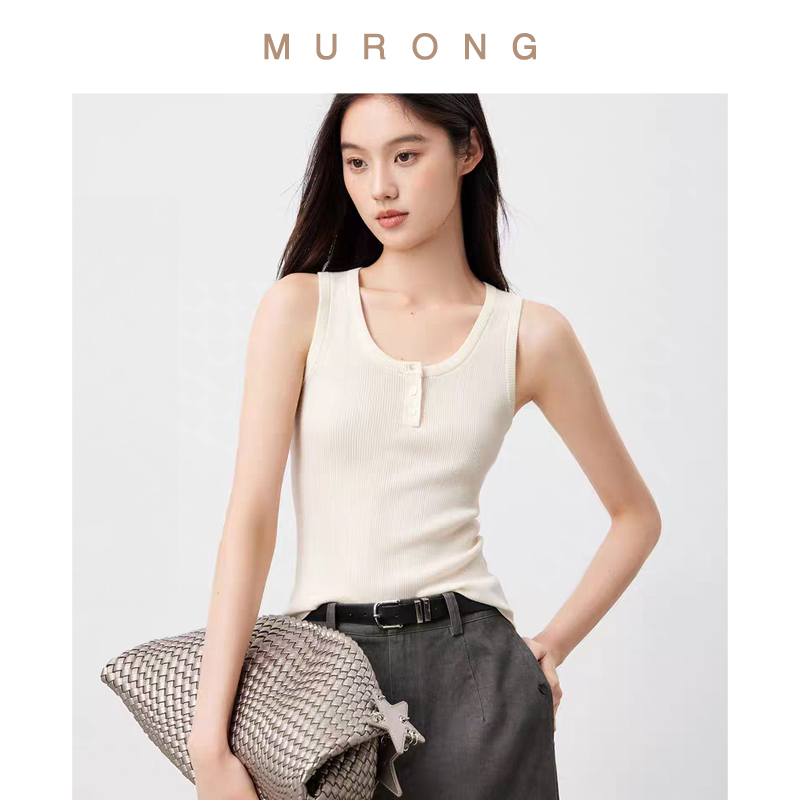 100%澳羊毛U领背心细坑条上衣女