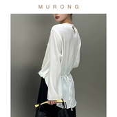 设计感抽绳圆领真丝衬衫 简约轻奢19姆米重磅桑蚕丝双乔缎上衣舒适