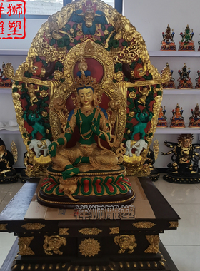 祥狮彩绘带背光大型绿度母佛像