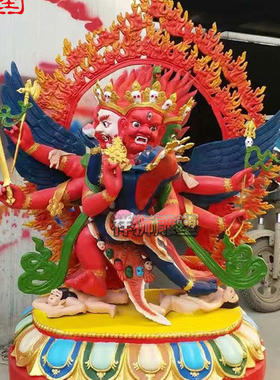 祥狮雕塑彩绘纯铜马头明王佛像