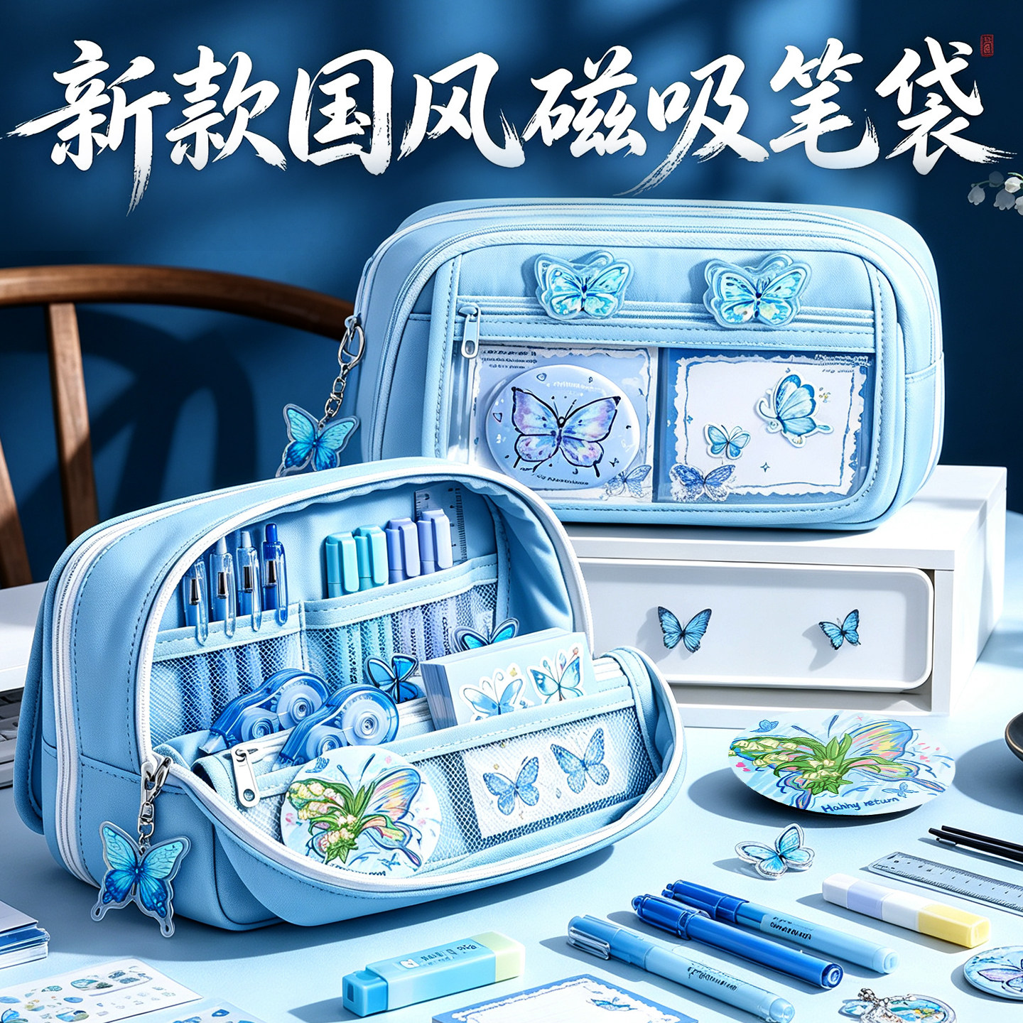 送礼推荐～14层蓝色蝴蝶笔袋