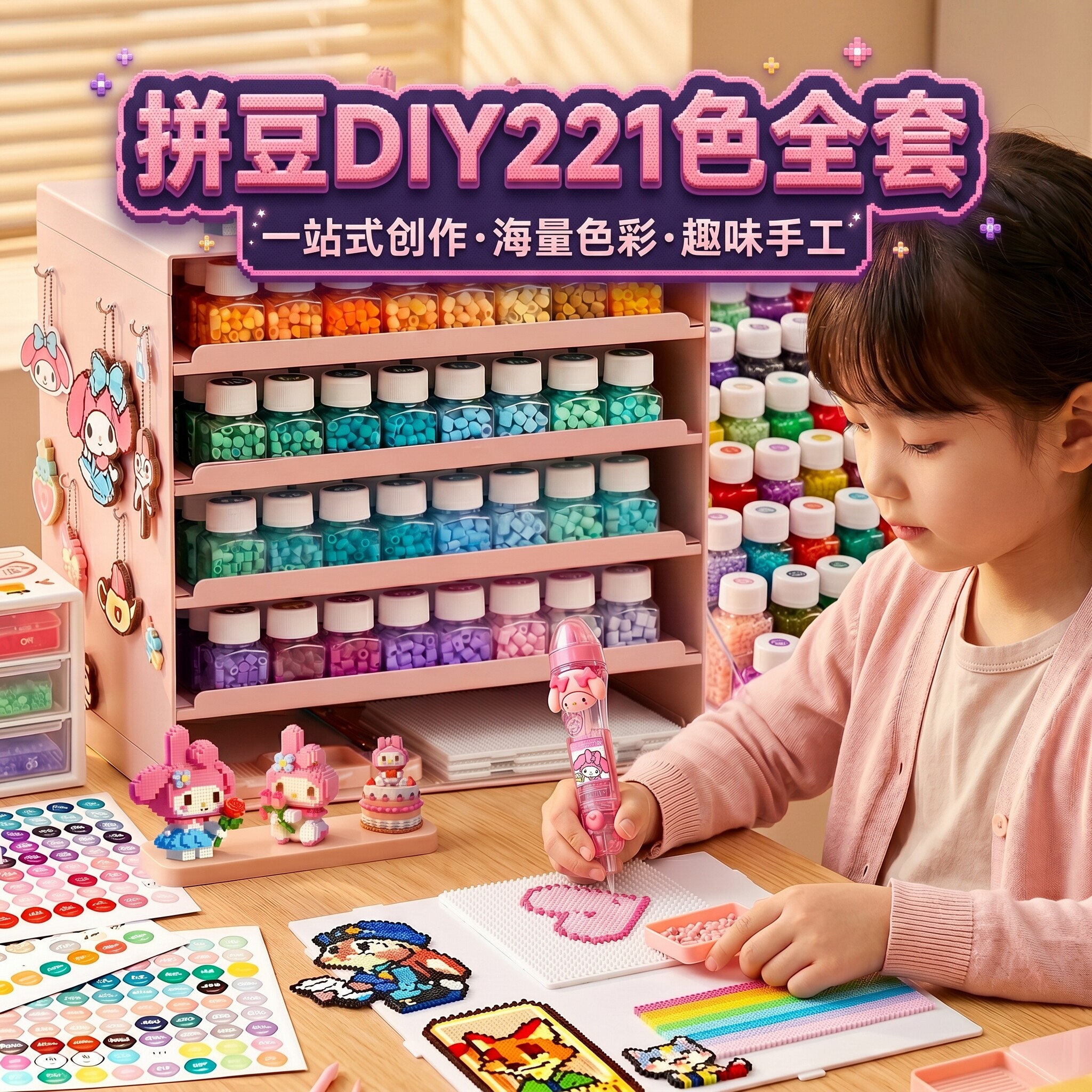 瓶装拼豆手工diy套装221色全套材料包儿童拼豆笔儿童益智生日礼物