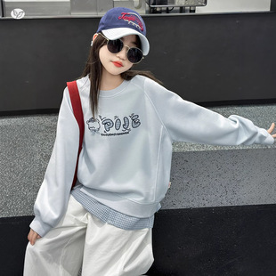 女童早春卫衣2026年新款格子拼接上衣中大童甜美打底衫春秋套头衫