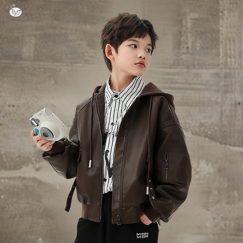男童皮衣外套2025秋装新款儿童中大童连帽防风皮夹克潮酷机车服潮