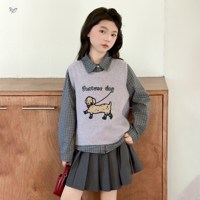 女童学院风春装2026年新款小狗提花马甲格子衬衫三件套中大童韩系