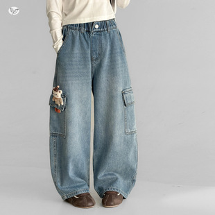 女童小熊牛仔工装裤2026年春季新款中大童时髦阔腿裤春秋外出长裤