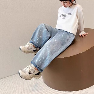 女童牛仔裤中大童裤子2026新款女春秋装洋气宽松休闲长裤烫钻童装