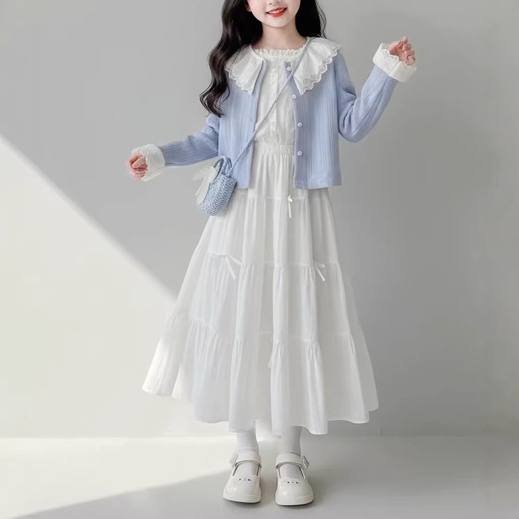 女童连衣裙套装甜美洋气长袖开衫半身裙两件套儿童春季裙子初中生