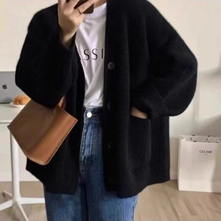 PRATOLA高级感软糯黑色V领针织开衫女秋冬加厚慵懒风宽松毛衣外套