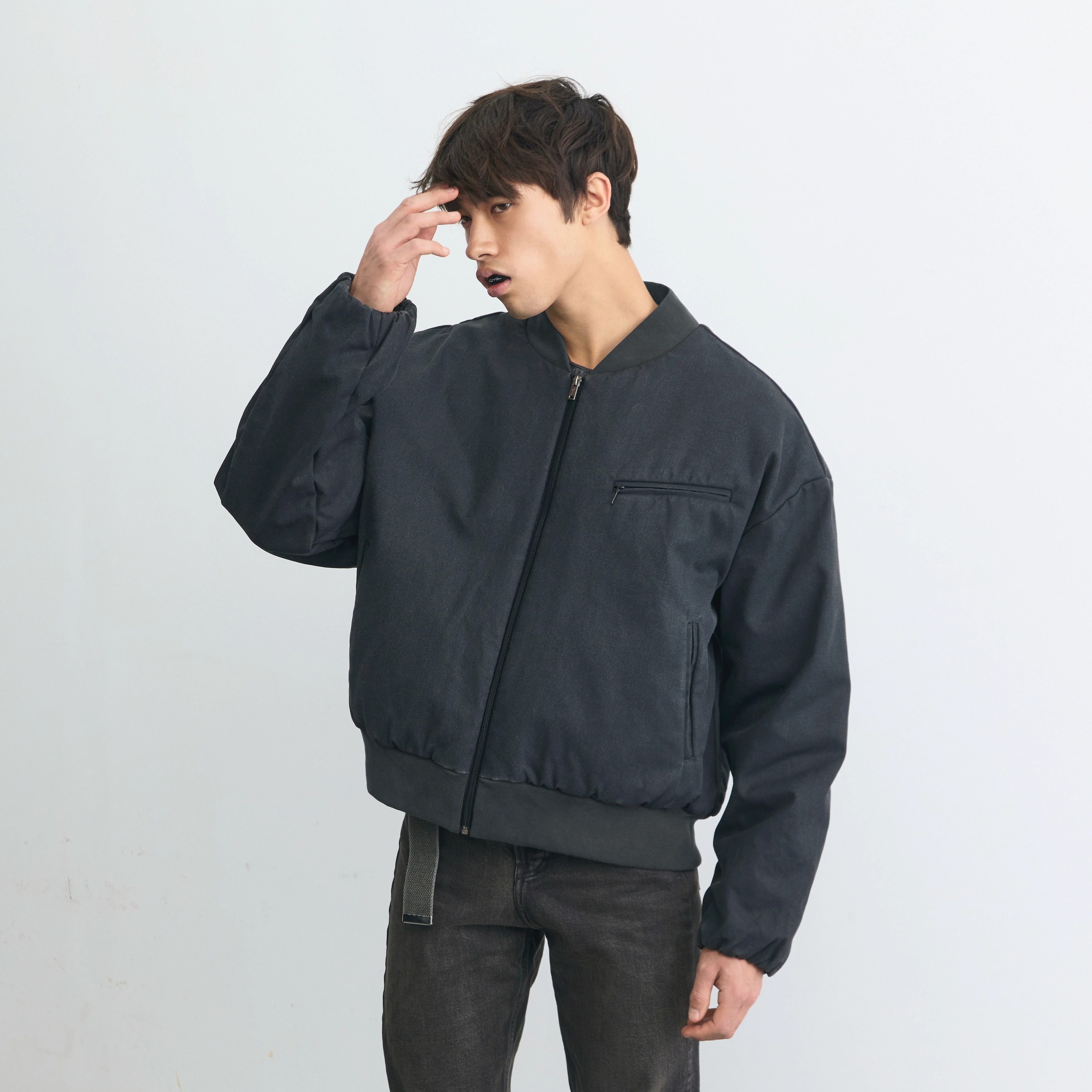 Terrawear纯棉帆布刮涂褪色水洗短宽飞行员棒球服Bomber棉衣夹克