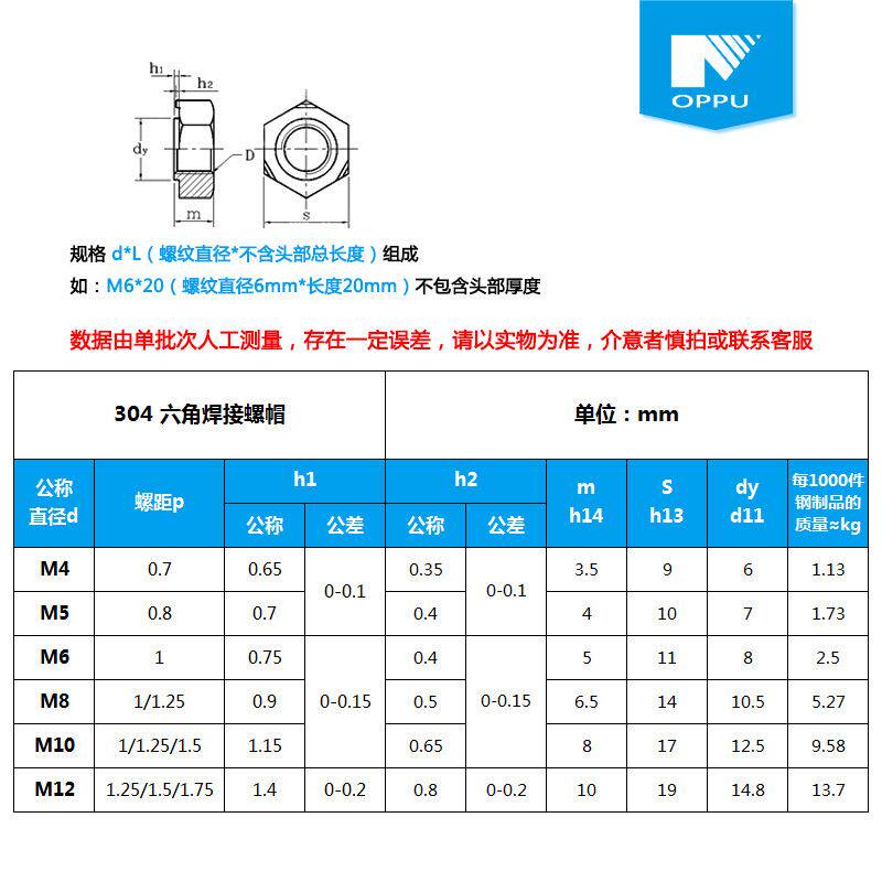 gb13681/din929 标准304不锈钢 六角焊接螺母/点焊螺帽 m4-m12